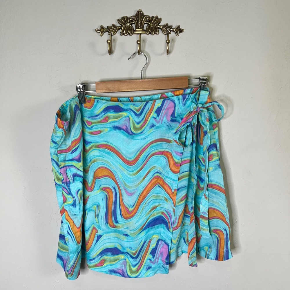 Wild Fable Skirt Wrap Mini Skirt Size XXL Blue Swirl Rayon Linen Blend Tie Waist